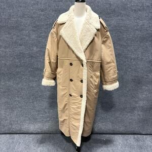 Great Jones Coat Womens XL Beige Long Sherpa Lined Trench Double Breasted